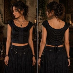 Patricia Field Corset Crop Top 16 Black Lace Up Whimsigoth Witchy Renaissance